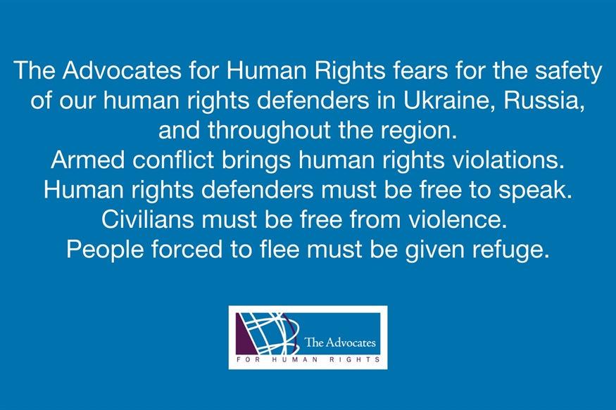 [ai] A blue background with white text stating concerns about human rights defenders in Ukraine and Russia. It emphasizes the need for free expression, safety from violence, and refuge for displaced persons.